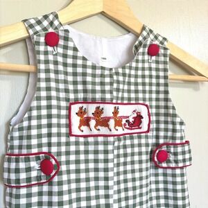 Holiday Green Gingham Santa Reindeer Smocked Jon Jon 18M Christmas Outfit